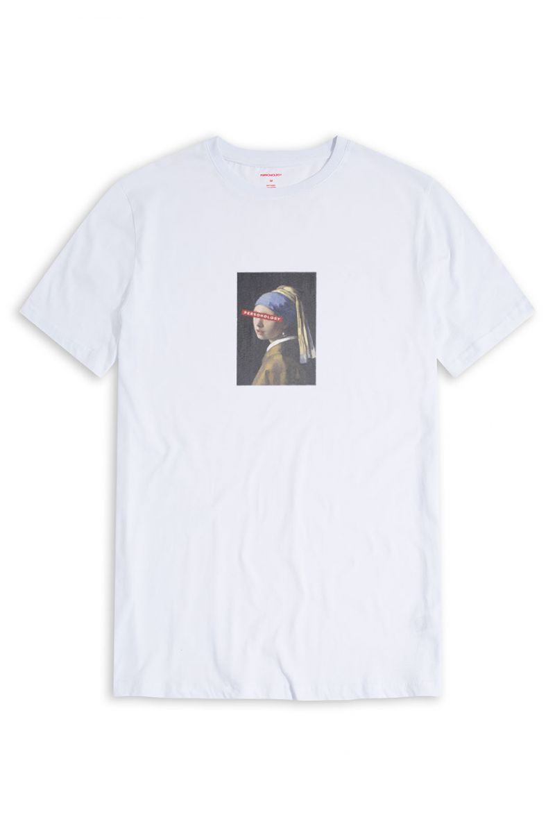 White Soft Fabric Girl with a Pearl Earring Design Short Sleeve Tee