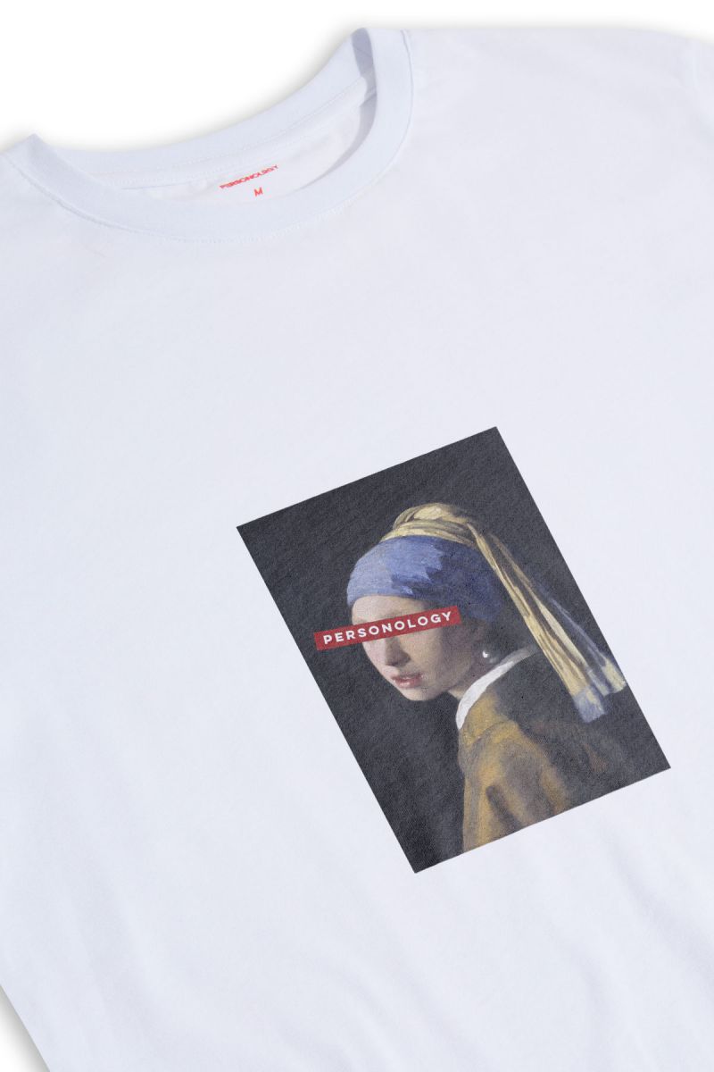 White Soft Fabric Girl with a Pearl Earring Design Short Sleeve Tee