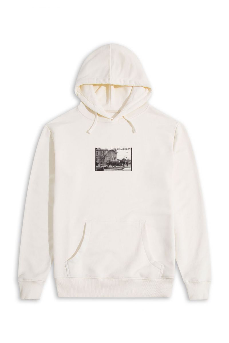 Ecru Premium Cotton Bull in Square Design Pullover Hoodie