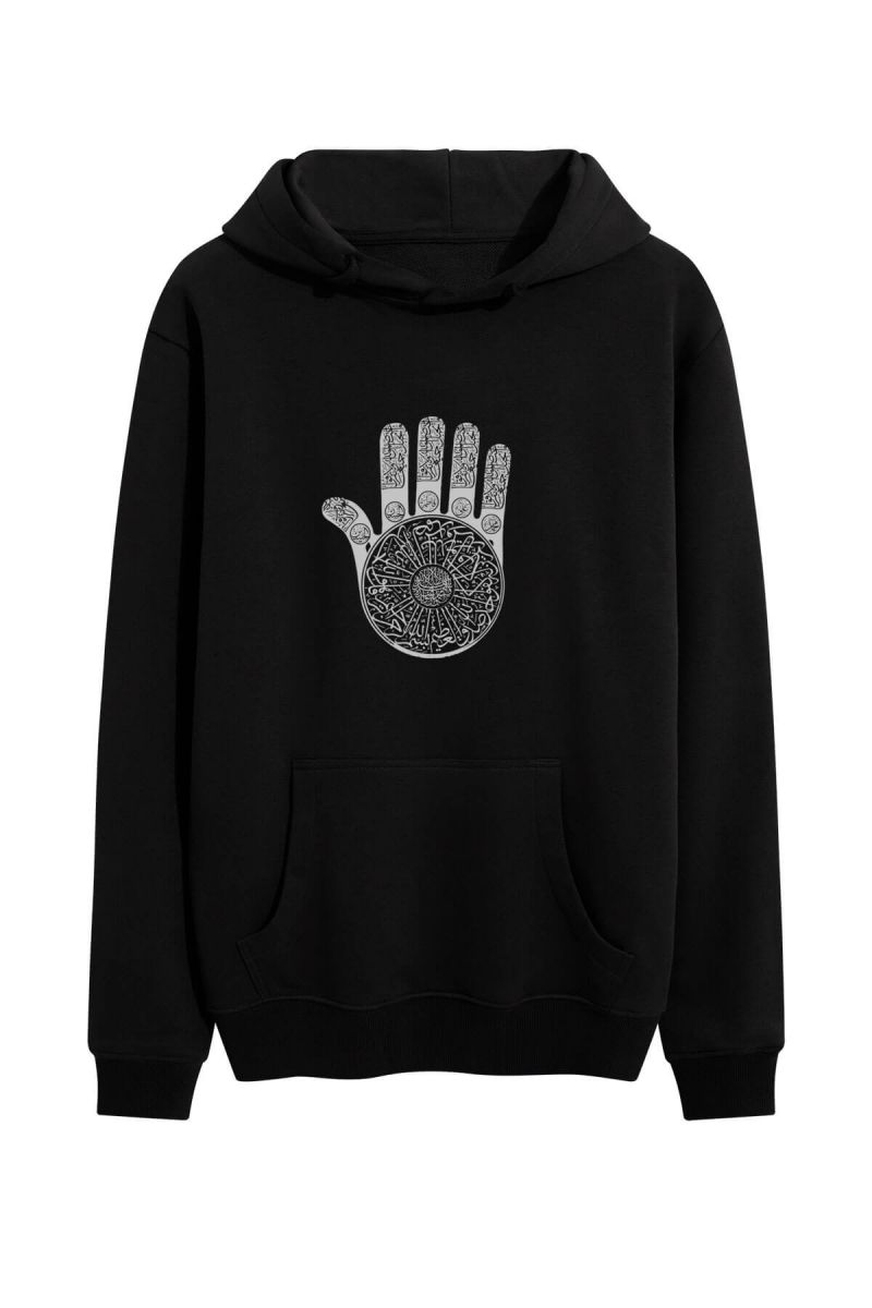 Black Premium Cotton Hamsa Design Pullover Hoodie