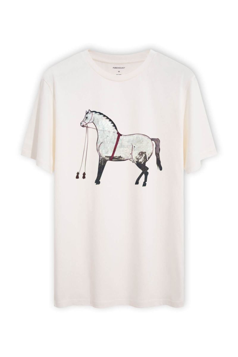 Off White Soft Fabric Horse Design Short Sleeve Tee