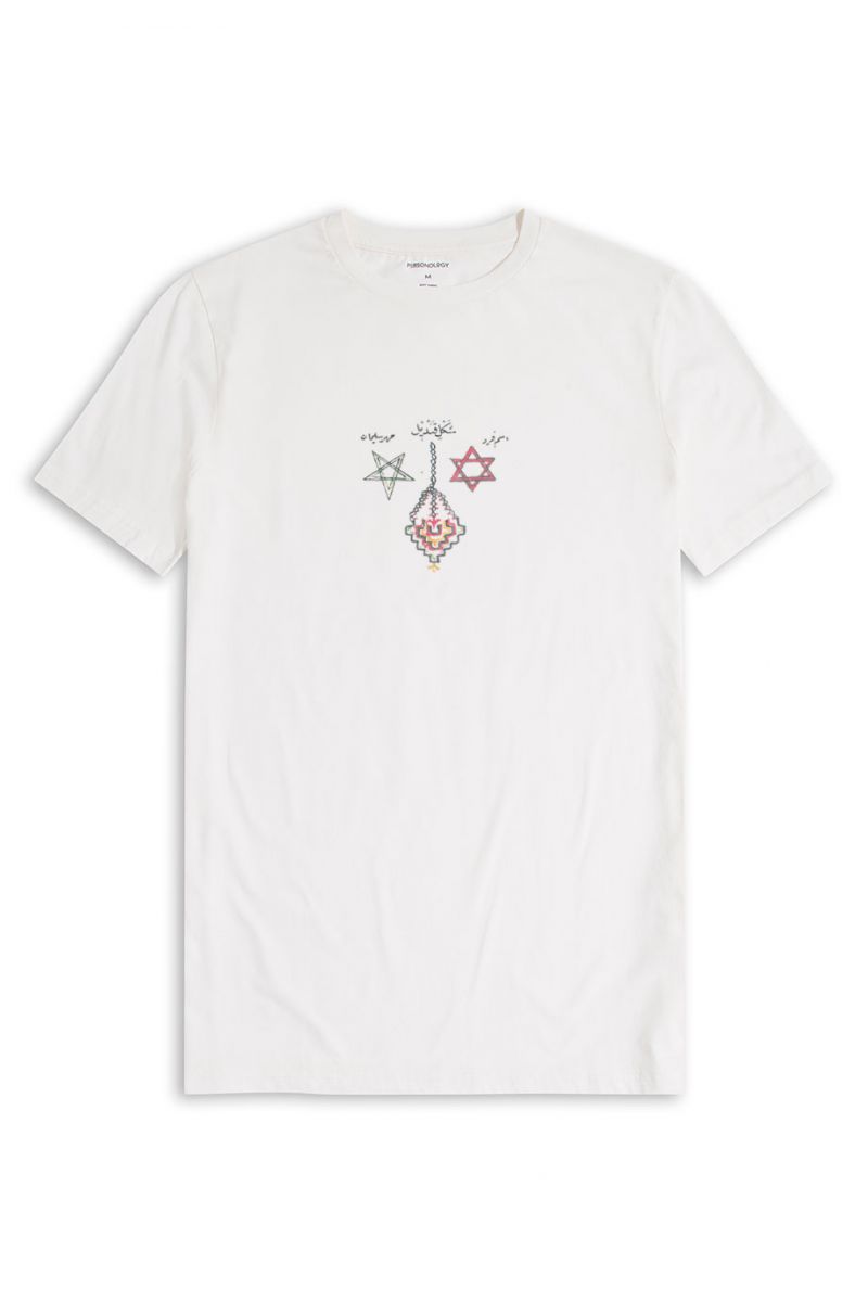 Off White Soft Fabric Theology Design Short Sleeve Tee
