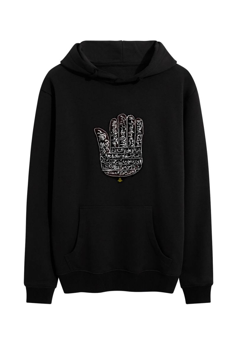 Black Premium Cotton Hamsa Design Pullover Hoodie