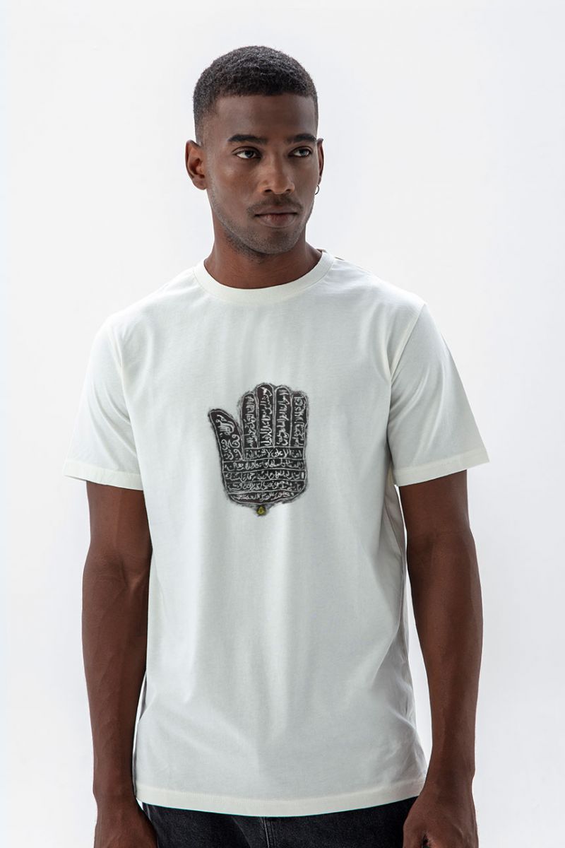 Off White Soft Fabric Hamsa Design Short Sleeve Tee