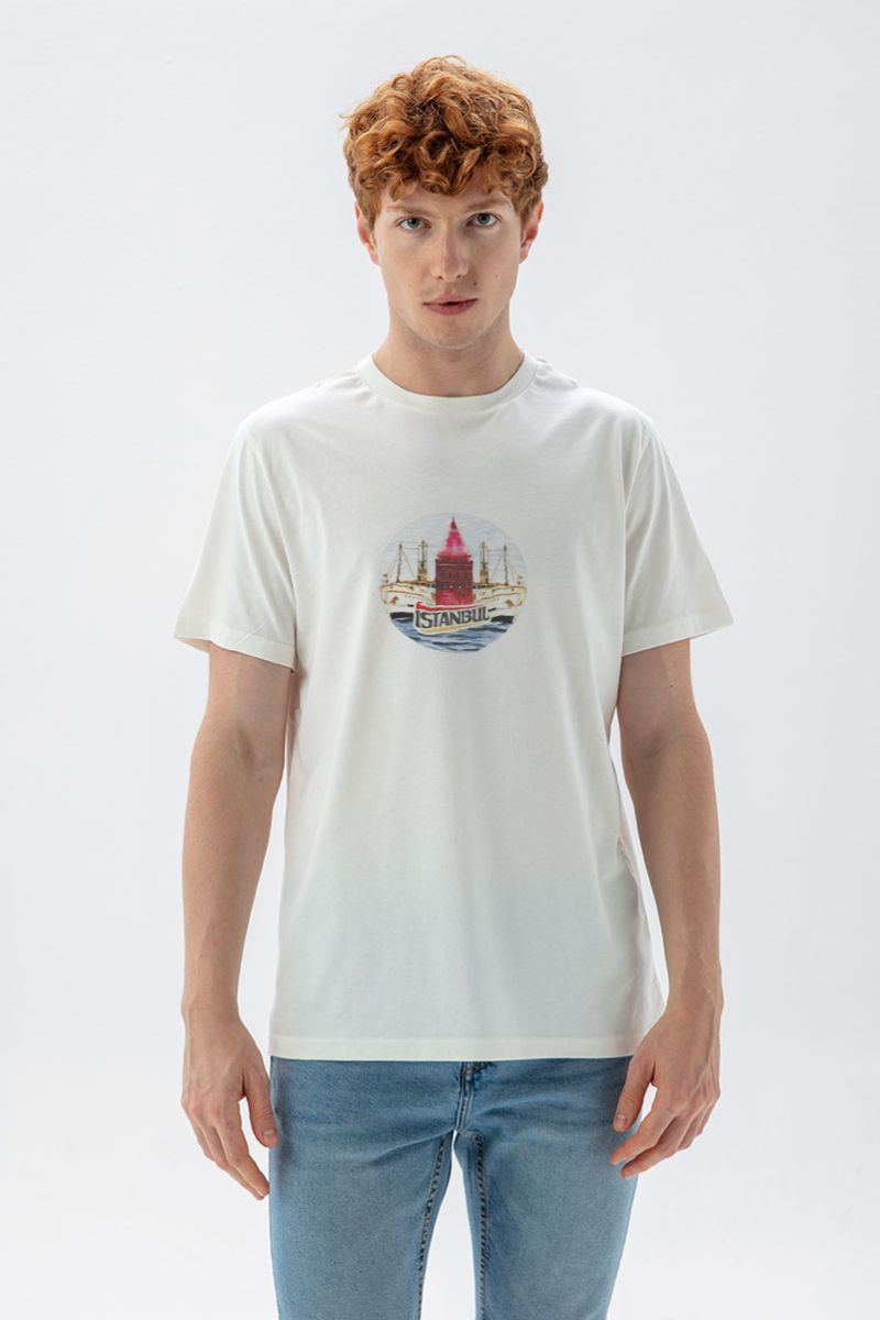 Off White Soft Fabric Istanbul Design Short Sleeve Tee