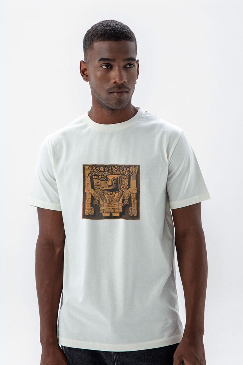 Off White Soft Fabric Theology Design Short Sleeve Tee