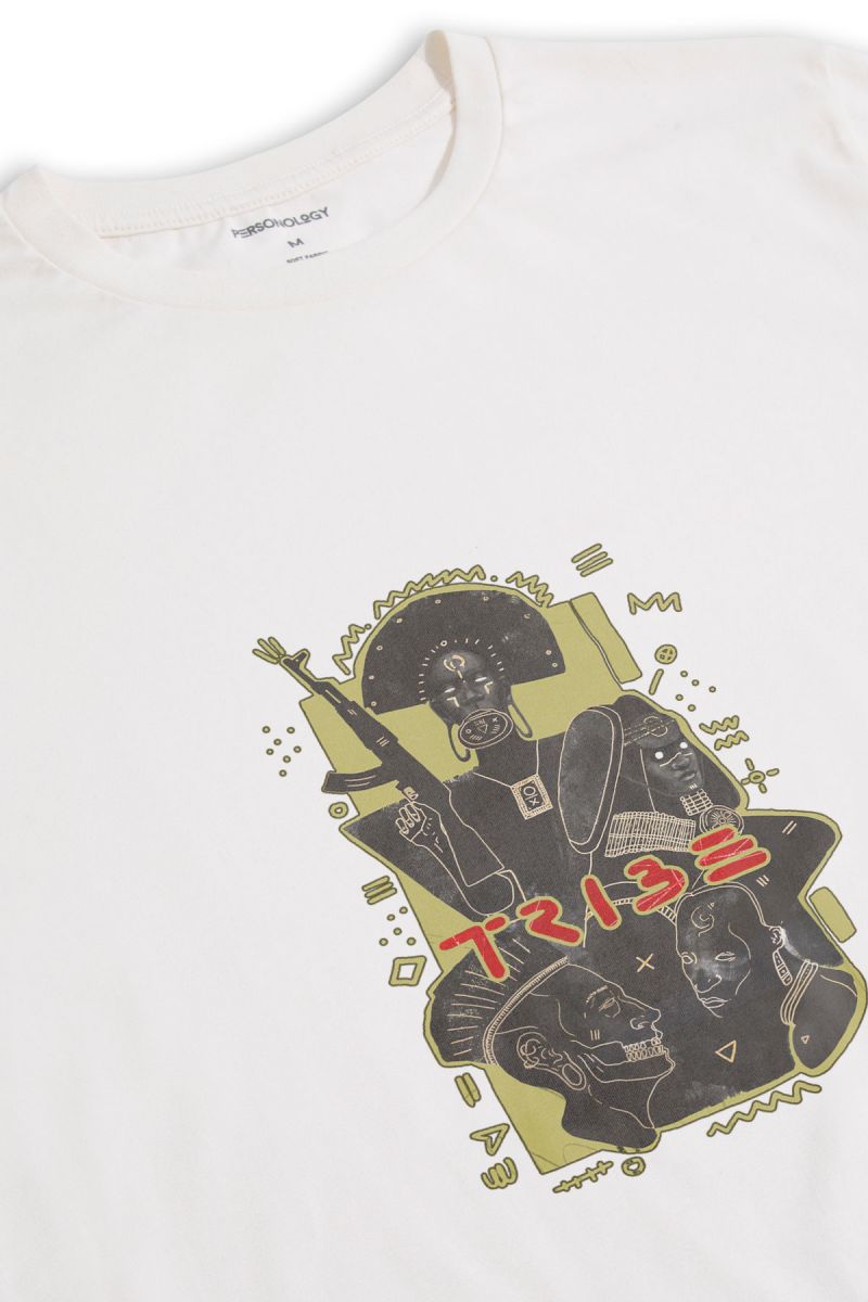 Off White Soft Fabric Tribe Design Short Sleeve Tee