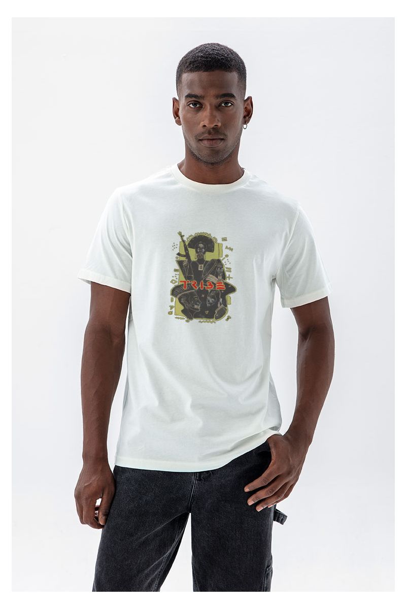 Off White Soft Fabric Tribe Design Short Sleeve Tee