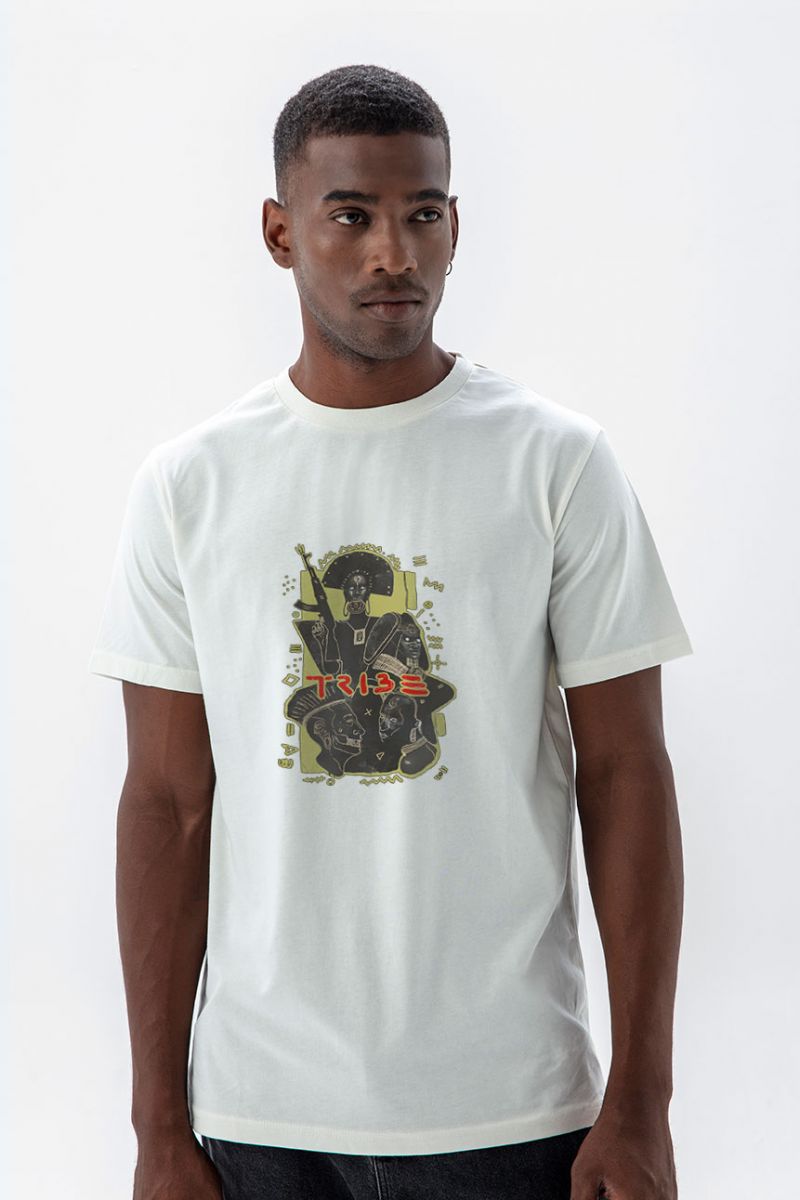 Off White Soft Fabric Tribe Design Short Sleeve Tee