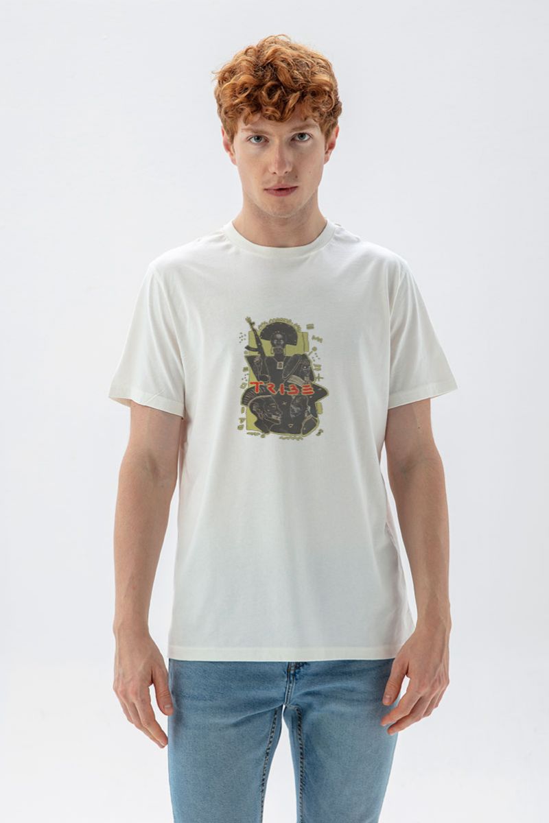 Off White Soft Fabric Tribe Design Short Sleeve Tee
