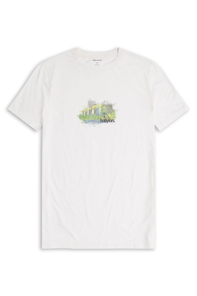 Off White Soft Fabric Babylon Design Short Sleeve Tee
