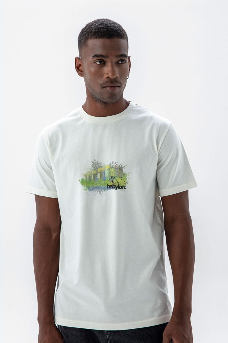 Off White Soft Fabric Babylon Design Short Sleeve Tee