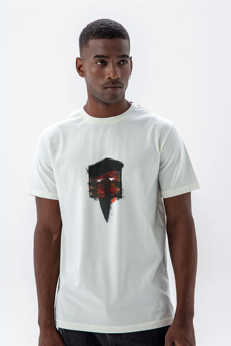 Off White Soft Fabric Abstract Design Short Sleeve Tee