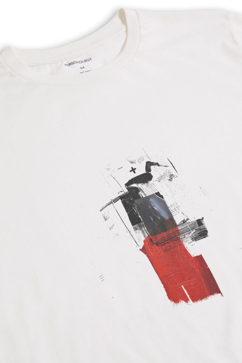 Off White Soft Fabric Abstract Design Short Sleeve Tee