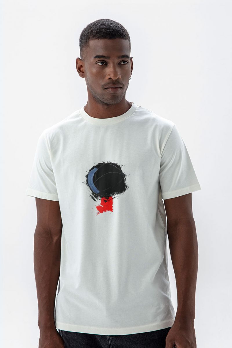 Off White Soft Fabric Abstract Design Short Sleeve Tee