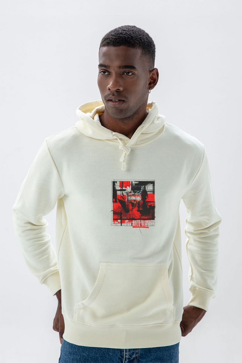 Ecru Premium Cotton Abstract Design Pullover Hoodie