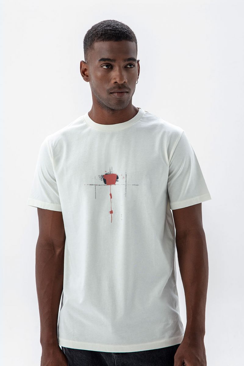 Off White Soft Fabric Abstract Design Short Sleeve Tee