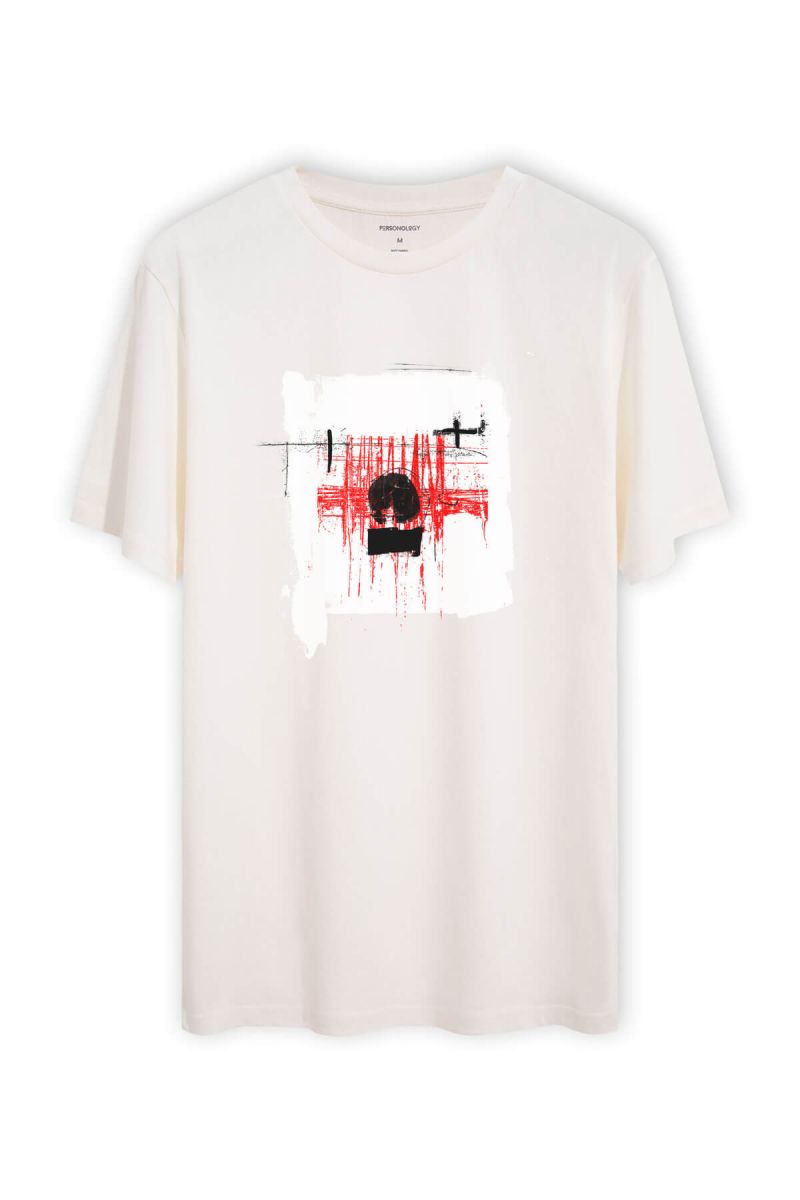 Off White Soft Fabric Abstract Design Short Sleeve Tee