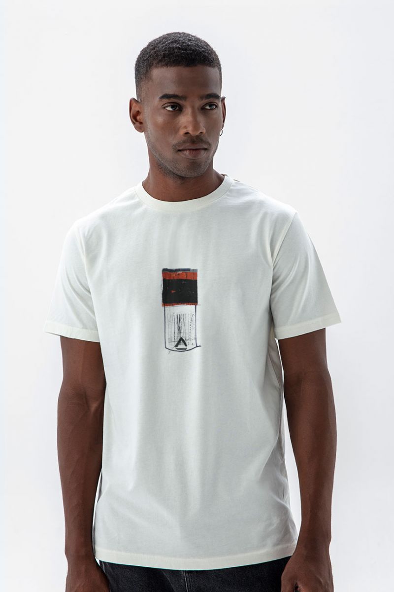 Off White Soft Fabric Abstract Design Short Sleeve Tee