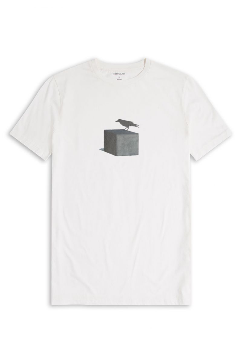 Off White Soft Fabric Black Bird Design Short Sleeve Tee