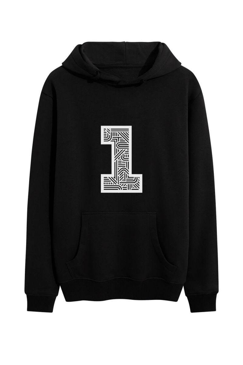 Black Premium Cotton Number One Design Pullover Hoodie