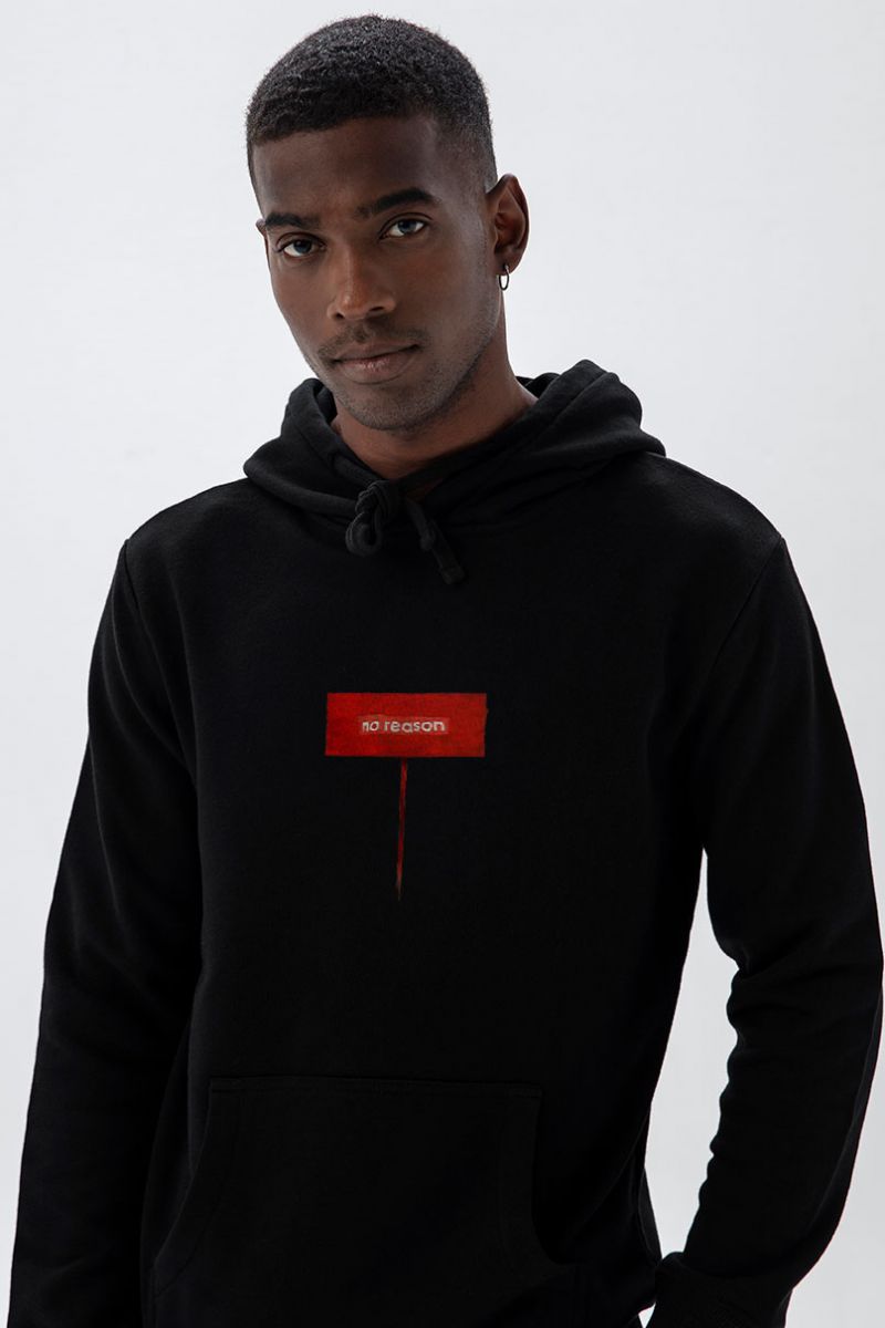 Black Premium Cotton No Reason Design Pullover Hoodie