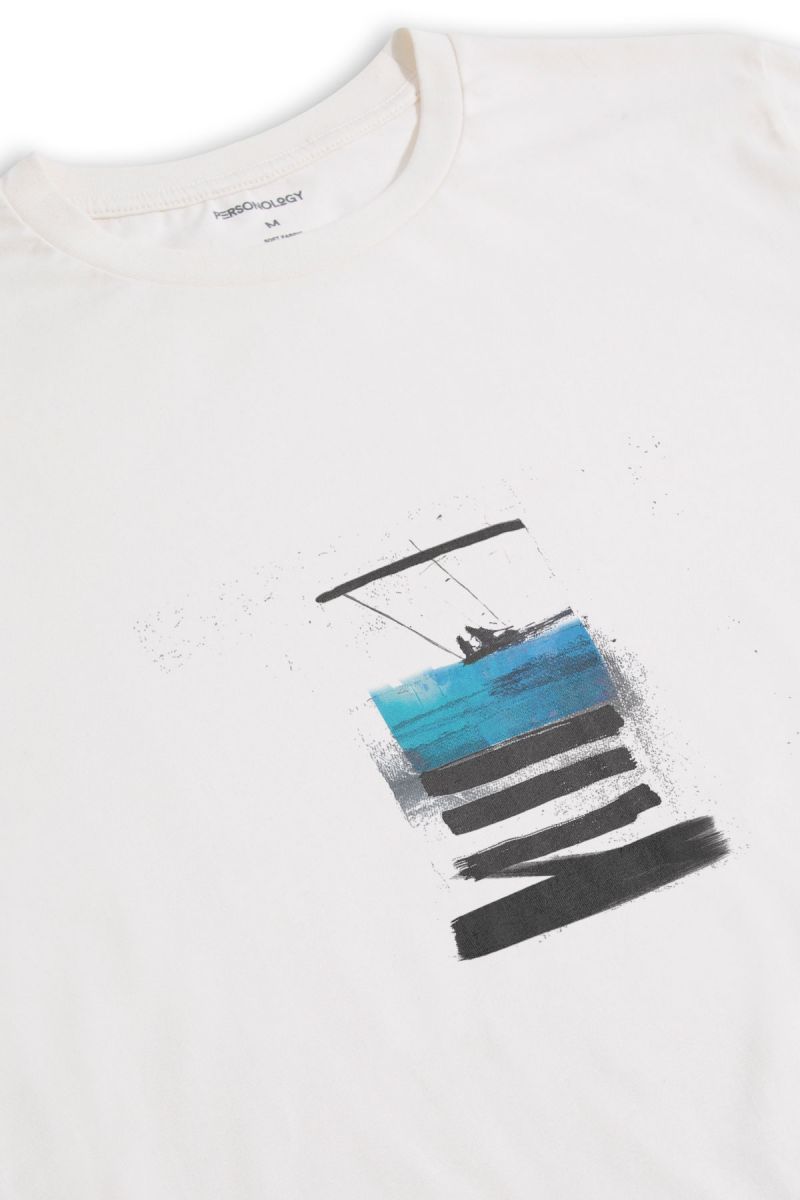 Off White Soft Fabric Abstract Design Short Sleeve Tee