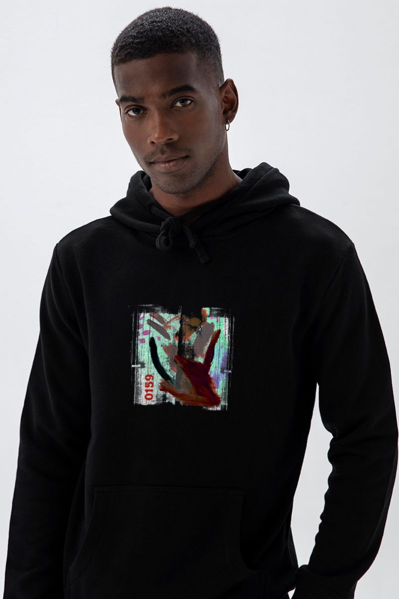 Black Premium Cotton Abstract Design Pullover Hoodie
