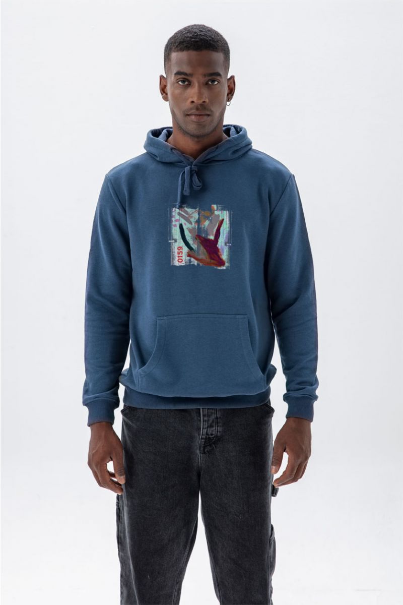 Navy Premium Cotton Abstract Design Pullover Hoodie