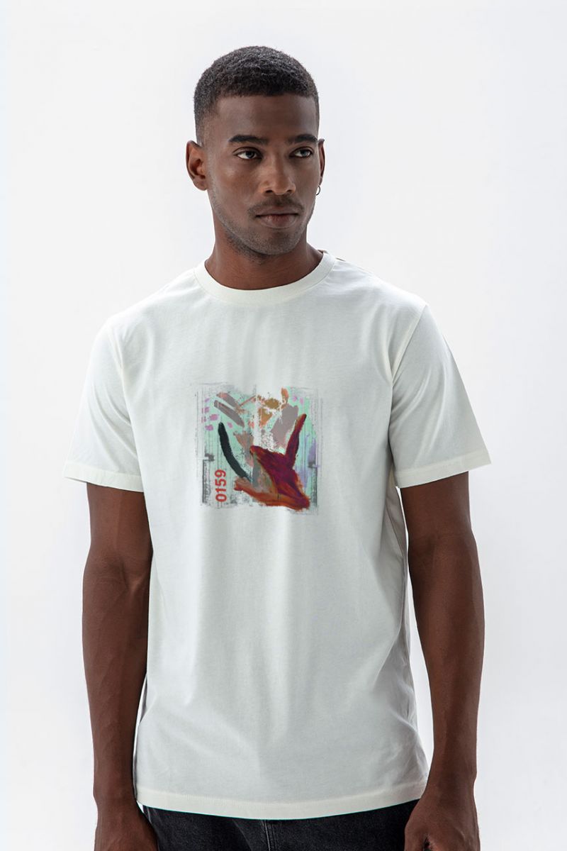 Off White Soft Fabric Abstract Design Short Sleeve Tee