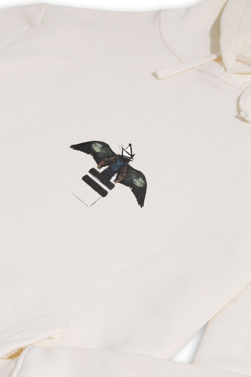 Ecru Premium Cotton Black Bird Design Pullover Hoodie