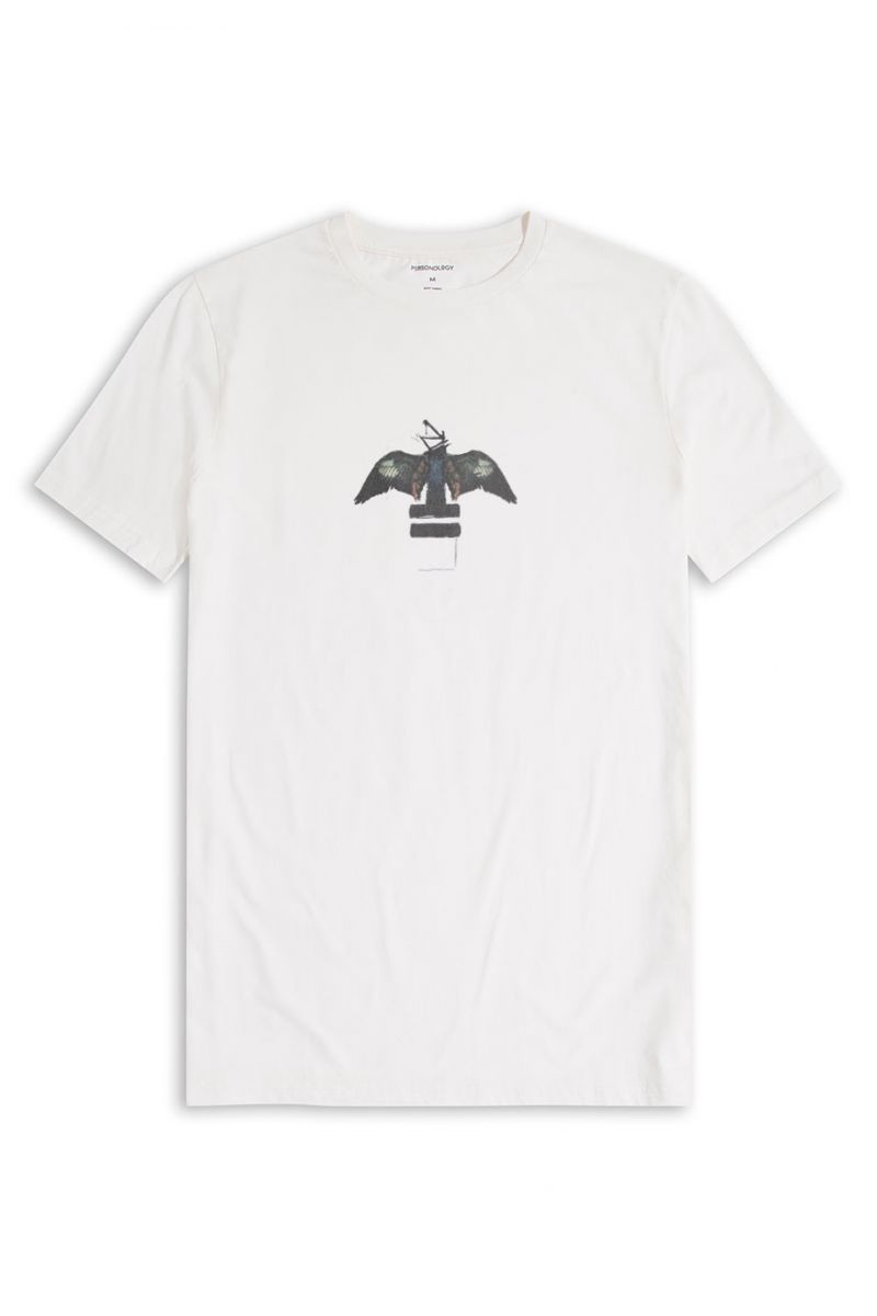 Off White Soft Fabric Black Bird Design Short Sleeve Tee