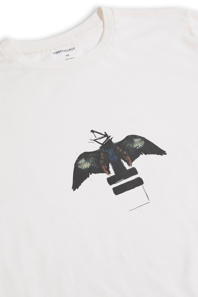 Off White Soft Fabric Black Bird Design Short Sleeve Tee