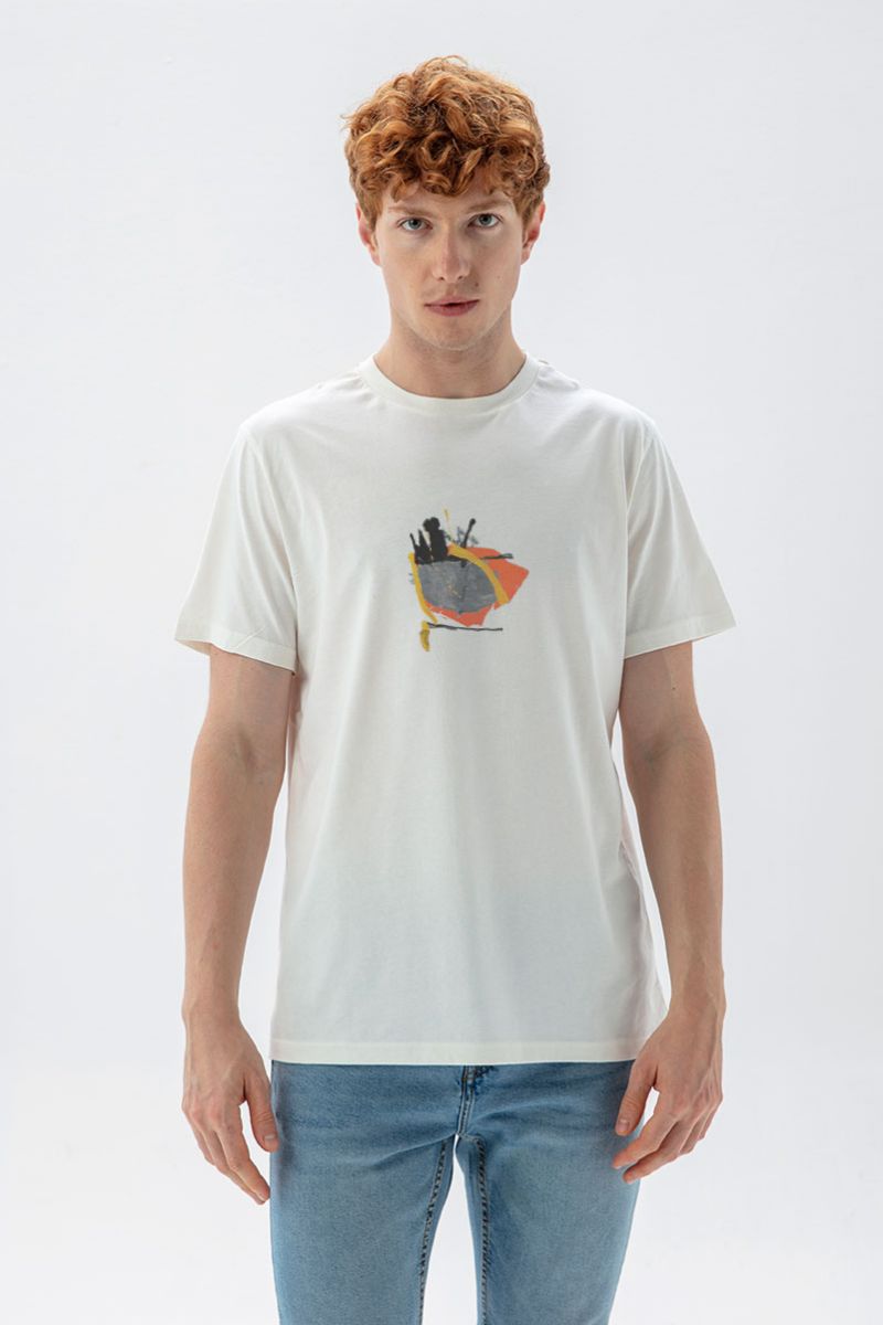 Off White Soft Fabric Abstract Design Short Sleeve Tee