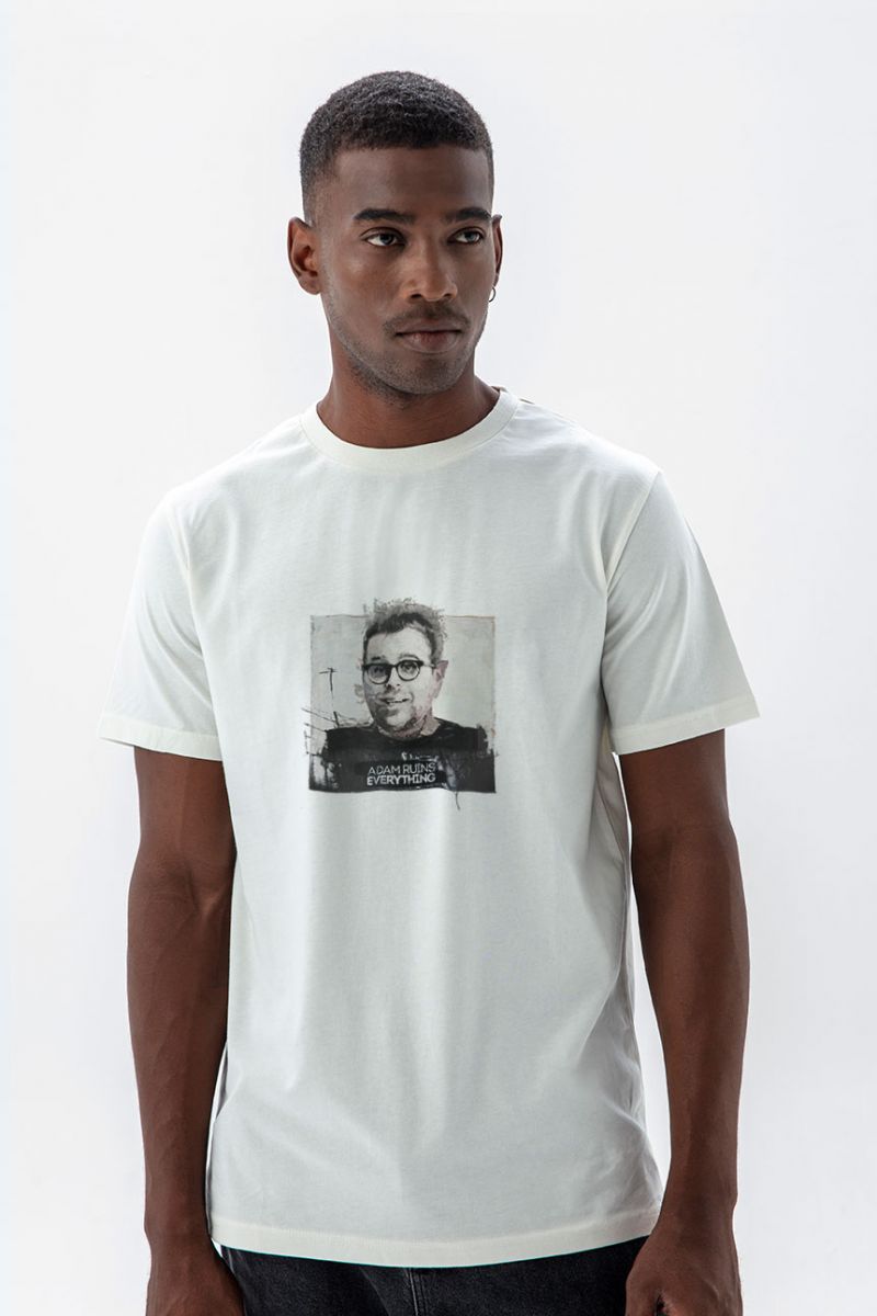 Off White Soft Fabric Adam Runs Everything Design Short Sleeve Tee