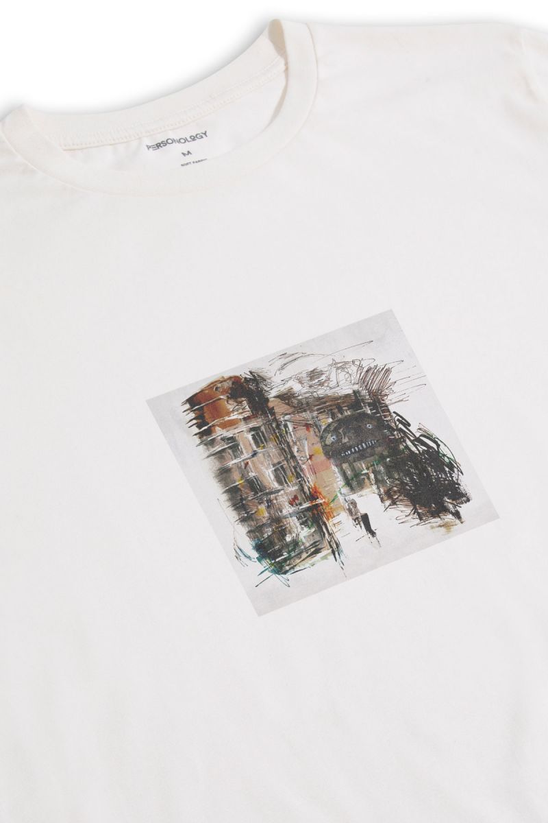 Off White Soft Fabric Abstract Design Short Sleeve Tee