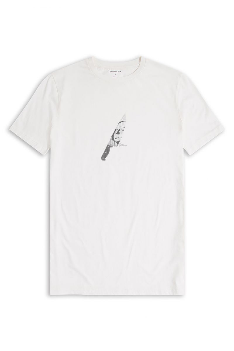 Off White Soft Fabric Alfred Hitchcock Design Short Sleeve Tee