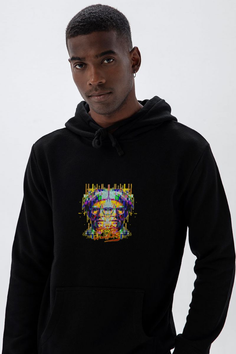 Black Premium Cotton Pop Art Face Design Pullover Hoodie