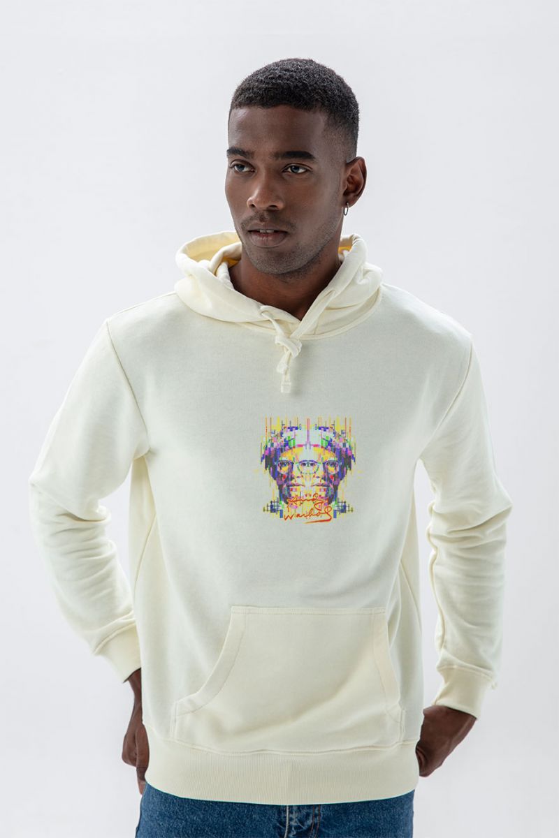 Ecru Premium Cotton Pop Art Face Design Pullover Hoodie