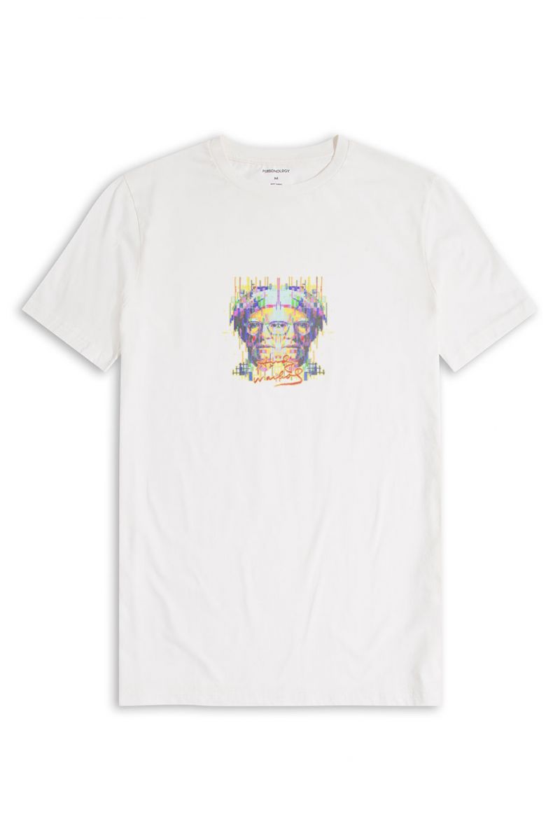 Off White Soft Fabric Pop Art Face Design Short Sleeve Tee