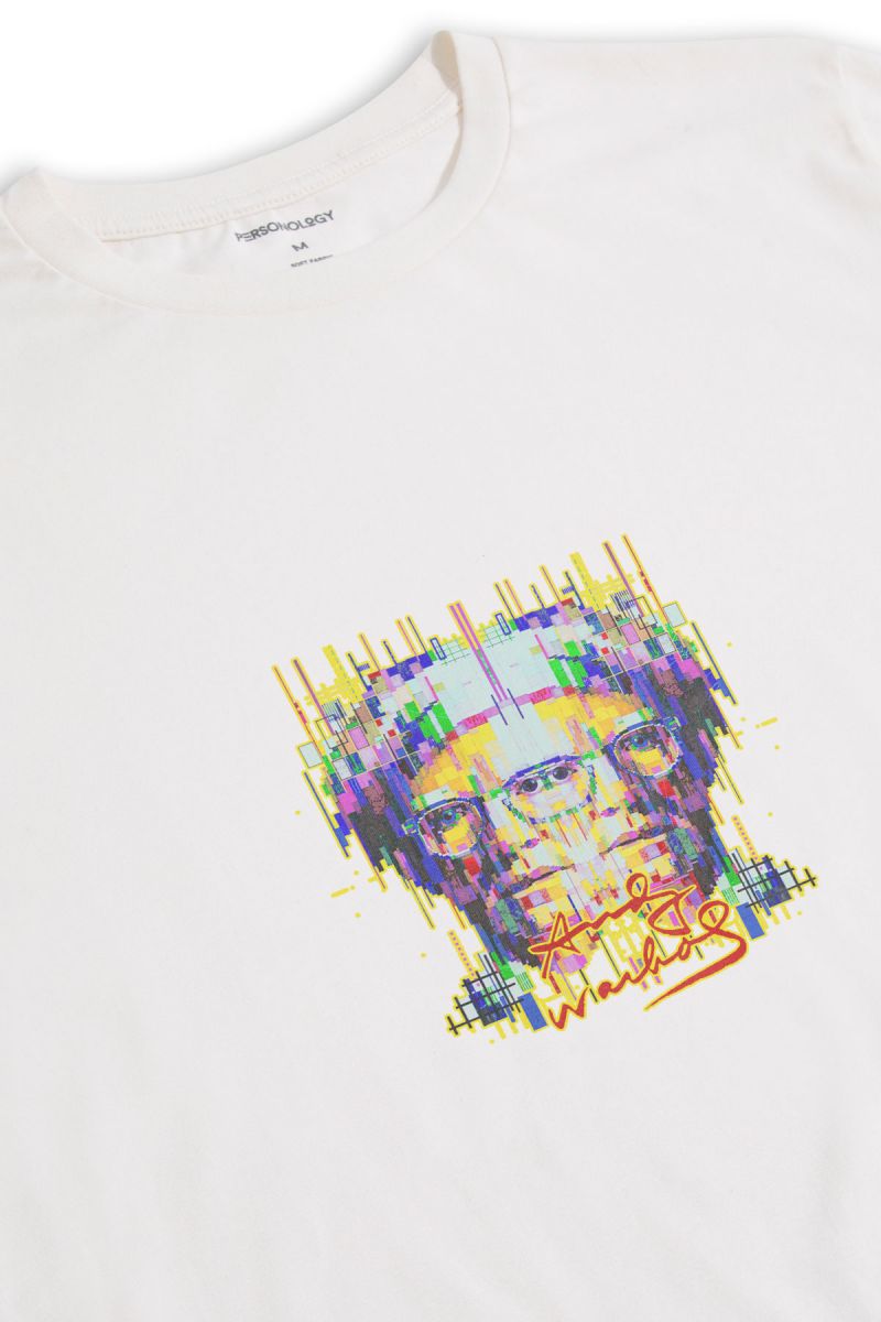 Off White Soft Fabric Pop Art Face Design Short Sleeve Tee