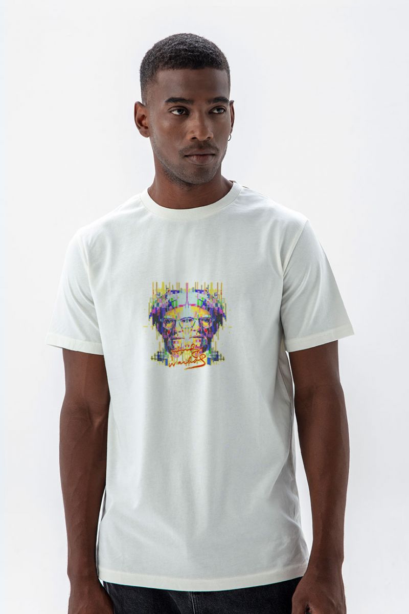 Off White Soft Fabric Pop Art Face Design Short Sleeve Tee