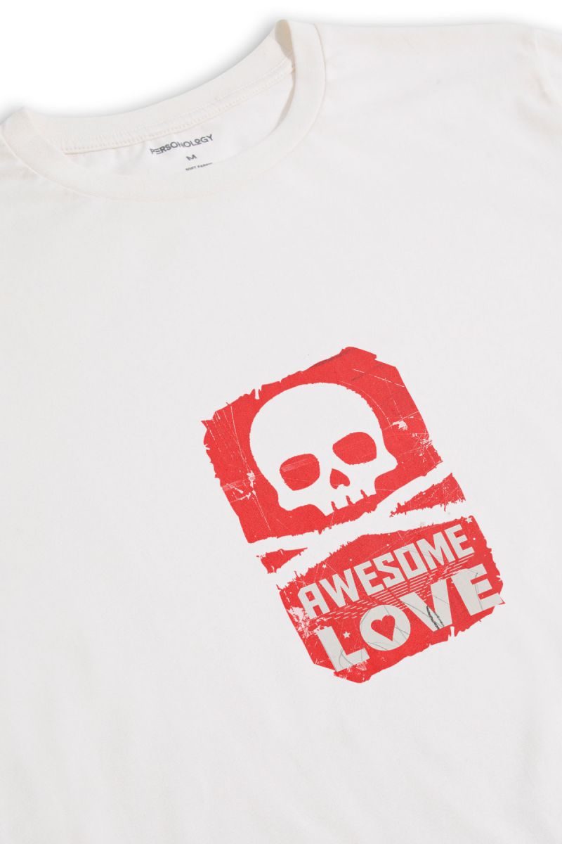 Off White Soft Fabric Awesome Love Design Short Sleeve Tee