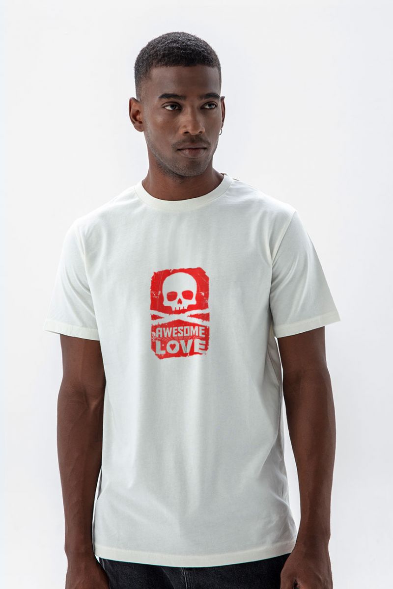 Off White Soft Fabric Awesome Love Design Short Sleeve Tee