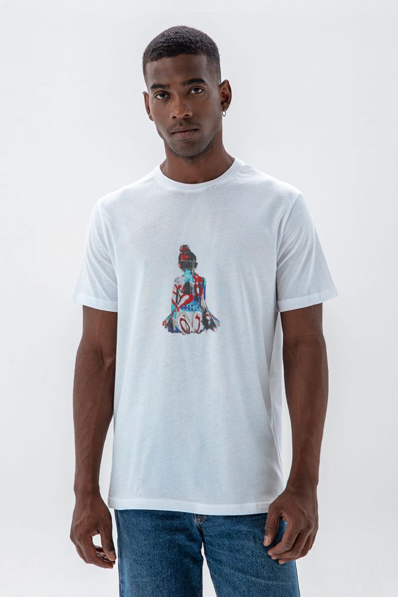 White Soft Fabric Geisha Design Short Sleeve Tee