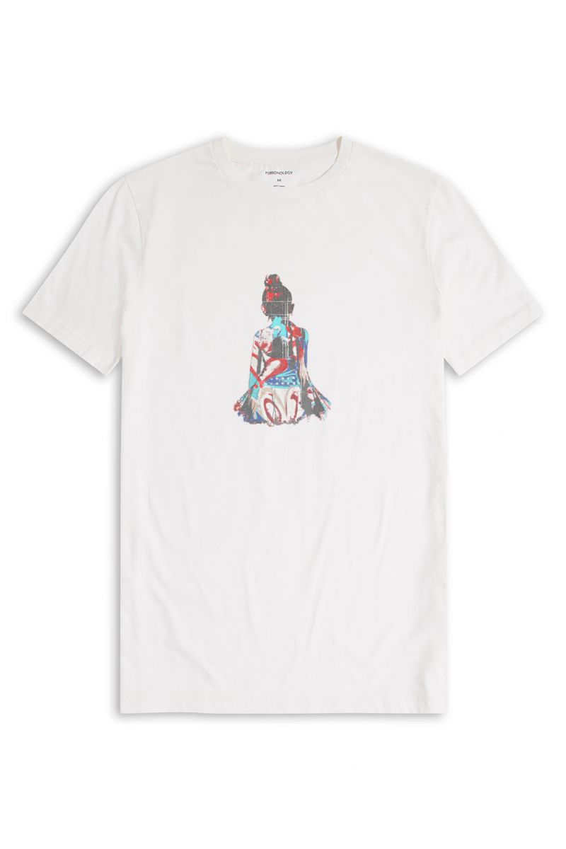 Off White Soft Fabric Geisha Design Short Sleeve Tee
