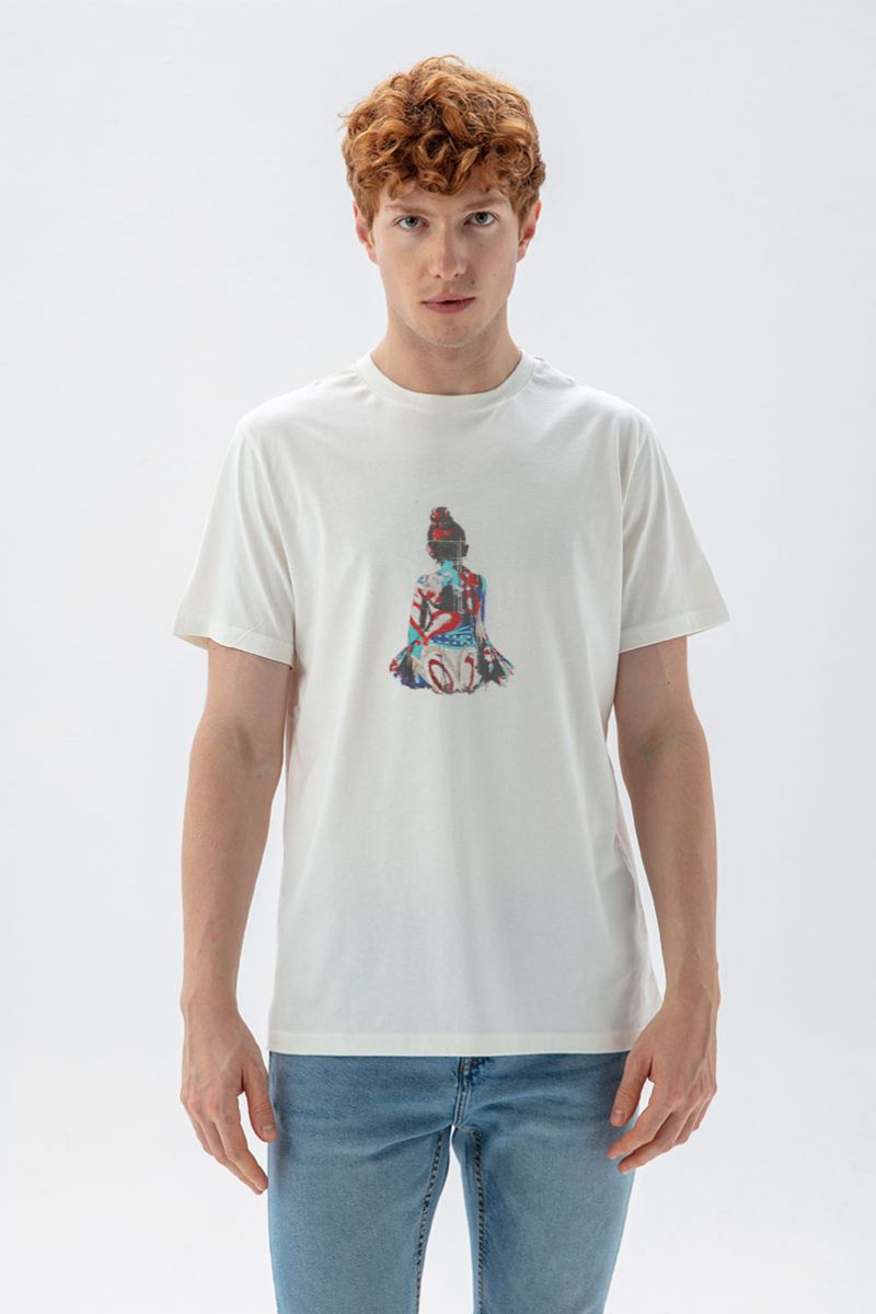 Off White Soft Fabric Geisha Design Short Sleeve Tee