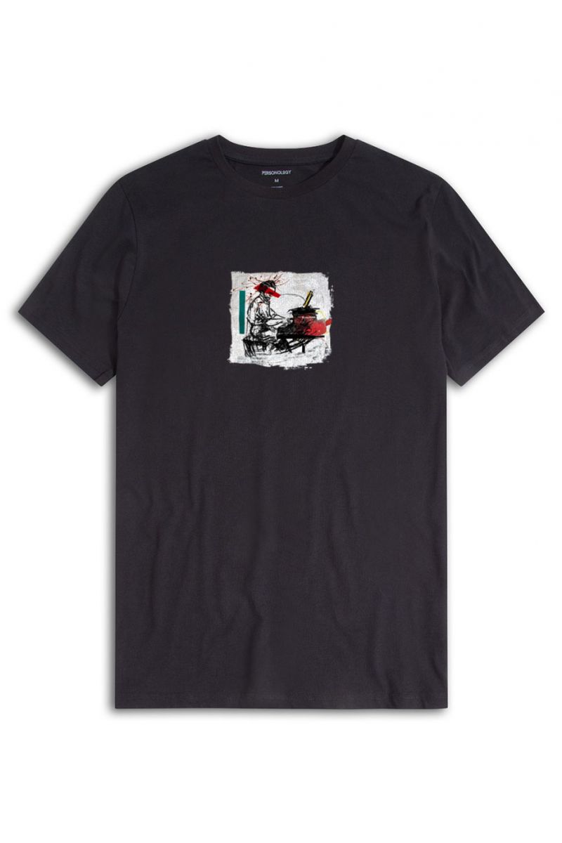 Black Soft Fabric Samurai Design Short Sleeve Tee
