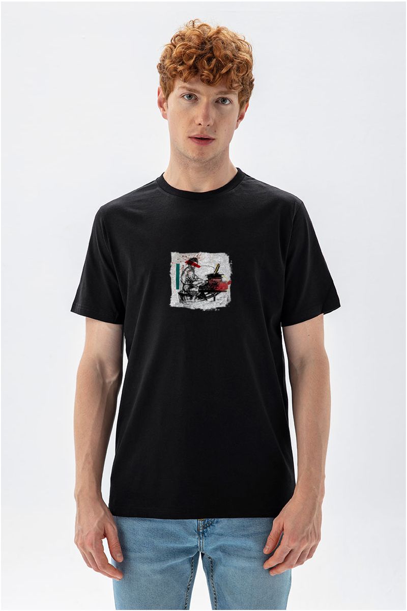 Black Soft Fabric Samurai Design Short Sleeve Tee