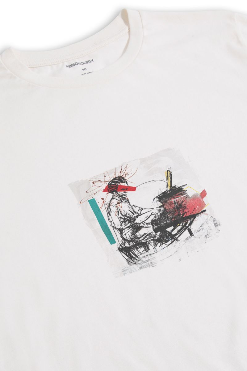 Off White Soft Fabric Samurai Design Short Sleeve Tee